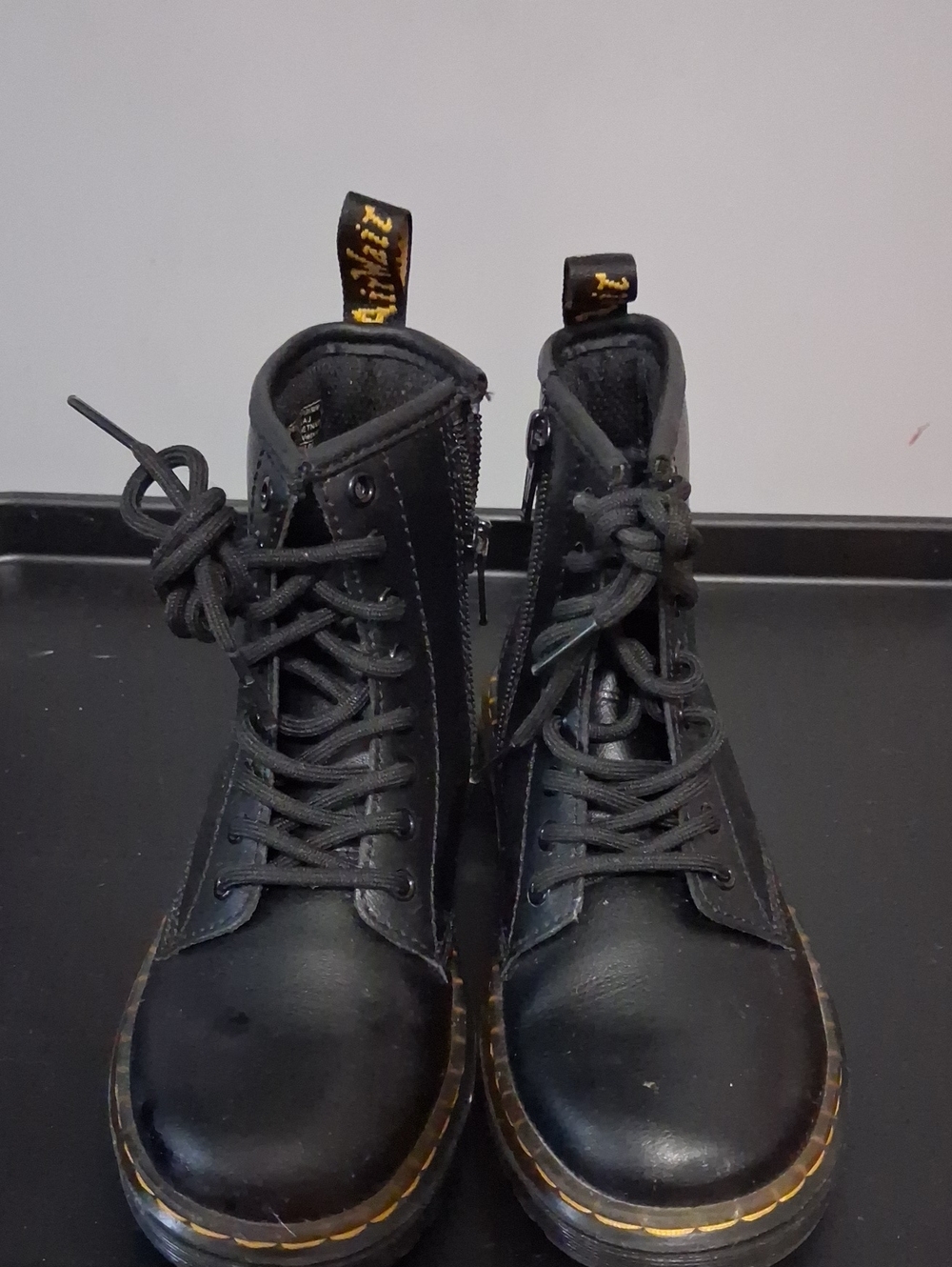 Dr. Martens Black Leather Lace-Up Combat Boots with Yellow Stitching